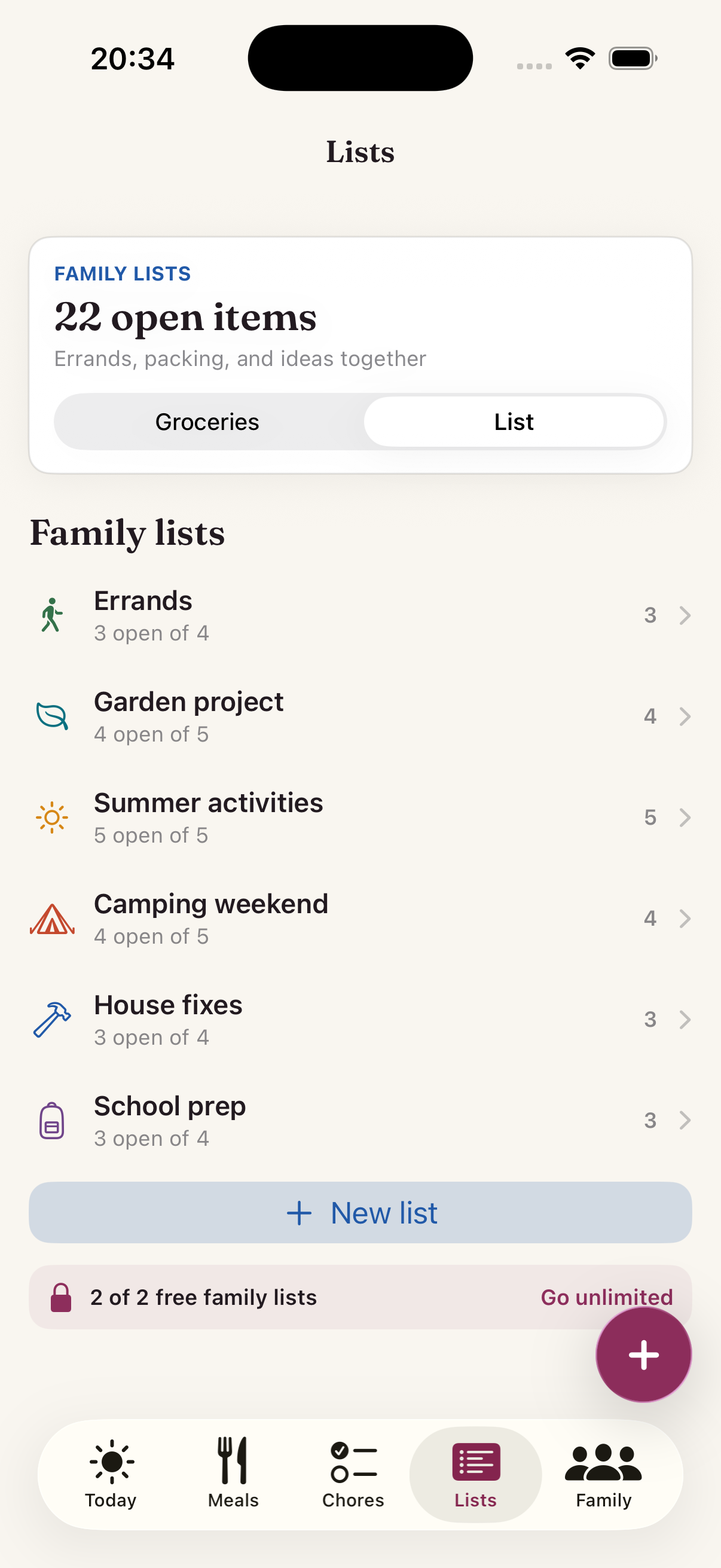 Lists screen showing family lists for errands, garden project, summer activities, camping weekend, house fixes, and school prep